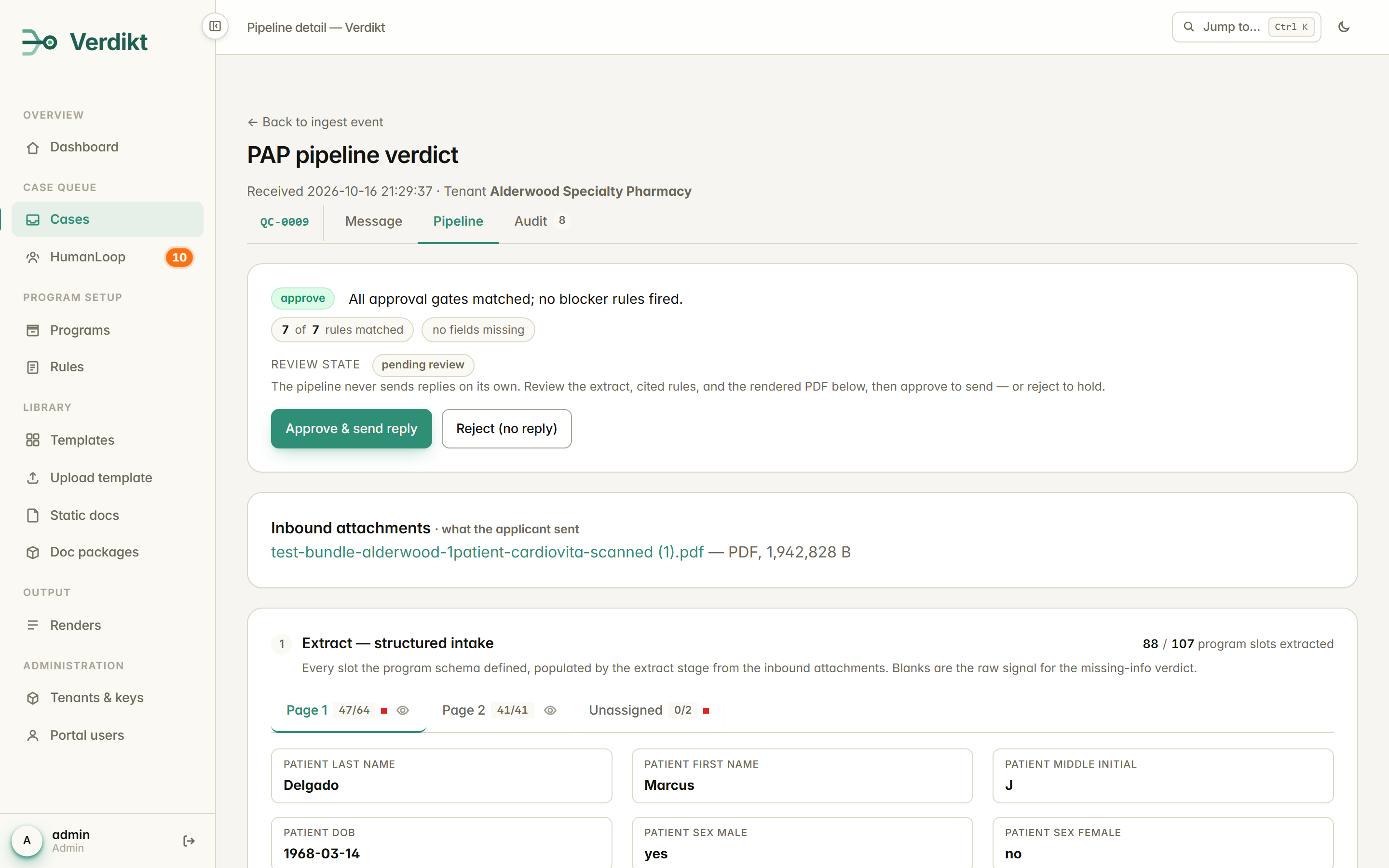 Pipeline verdict detail showing the approve outcome, review state, extract stage with structured intake slots grouped into reviewer-facing sections