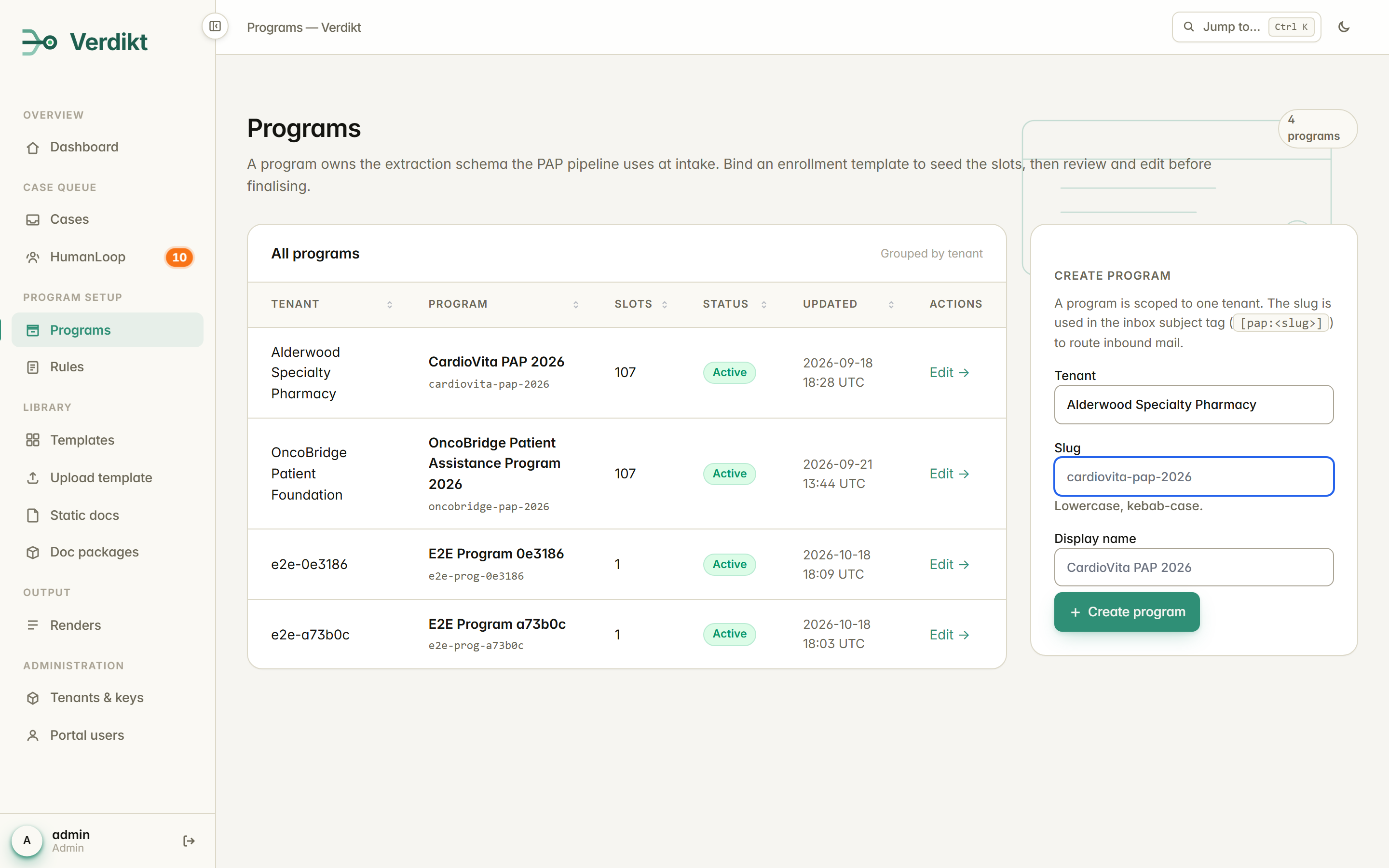 Programs list showing tenant, program name and slug, extraction slot count, active status, and last-updated timestamp per program
