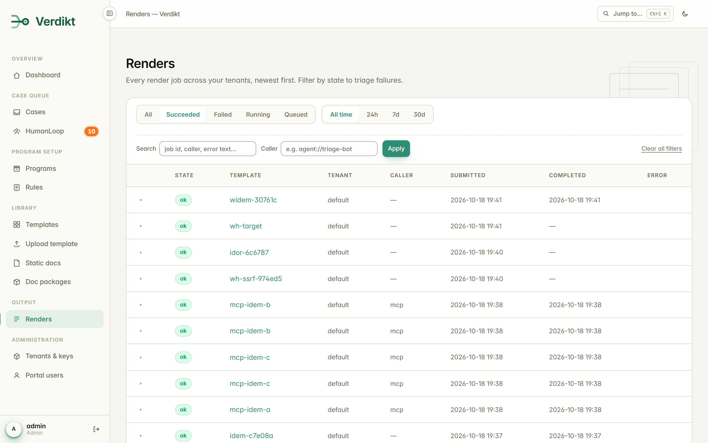 Render jobs list across all tenants, newest first, filterable by state to triage failures