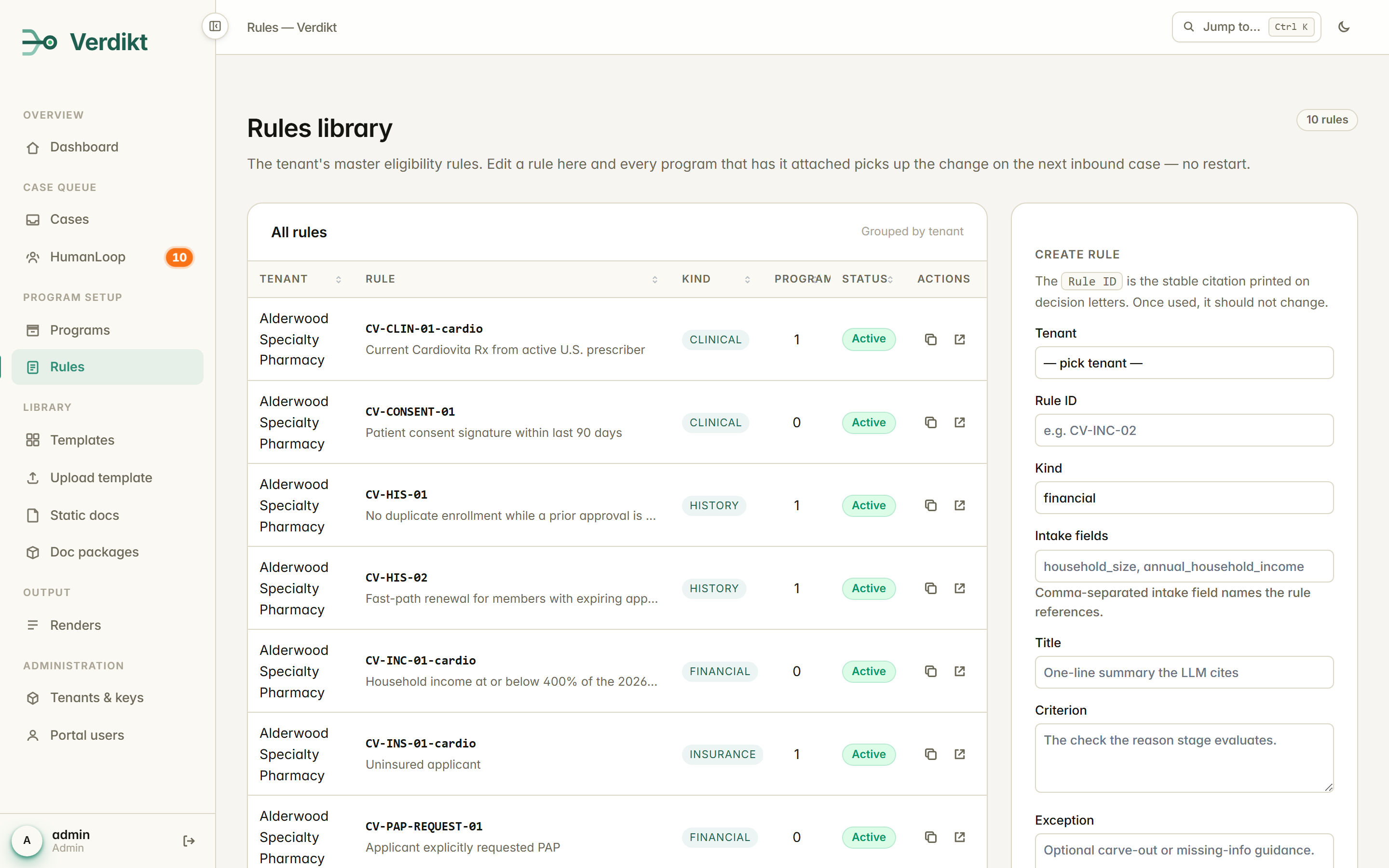 Rules library listing human-authored eligibility rules with tenant, rule ID, kind, program bindings, and active status